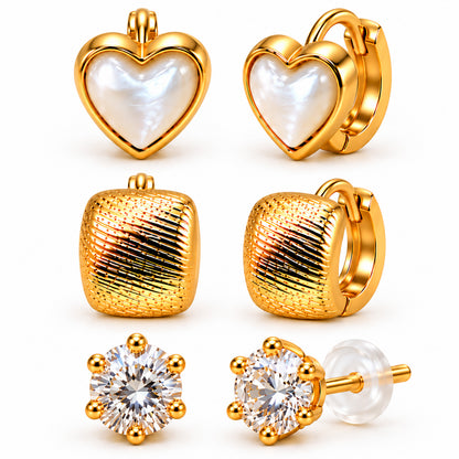 Moon Dust Gold Plated CZ Stud & Huggie Hoop Earring Stack Stud Combo of 3 for Women (MD_107_G)