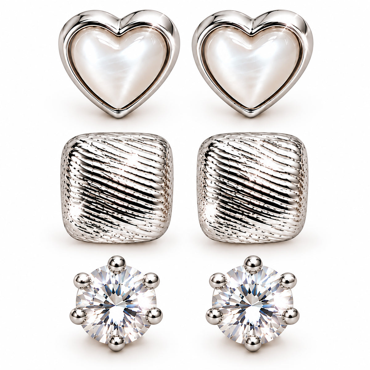Moon Dust Rhodium Silver Plated CZ Stud & Huggie Hoop Earring Stack Stud Combo of 3 for Women (MD_107_S)