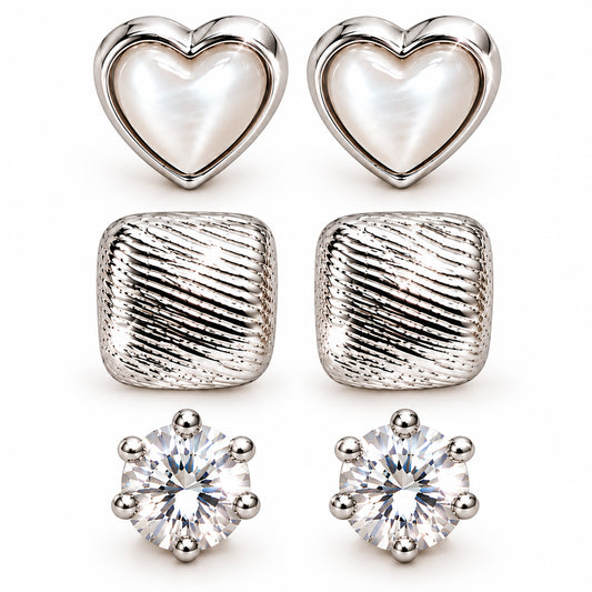 Moon Dust Rhodium Silver Plated CZ Stud & Huggie Hoop Earring Stack Stud Combo of 3 for Women (MD_107_S)