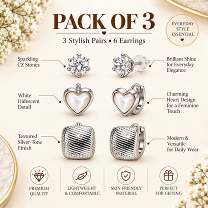 Moon Dust Rhodium Silver Plated CZ Stud & Huggie Hoop Earring Stack Stud Combo of 3 for Women (MD_107_S)