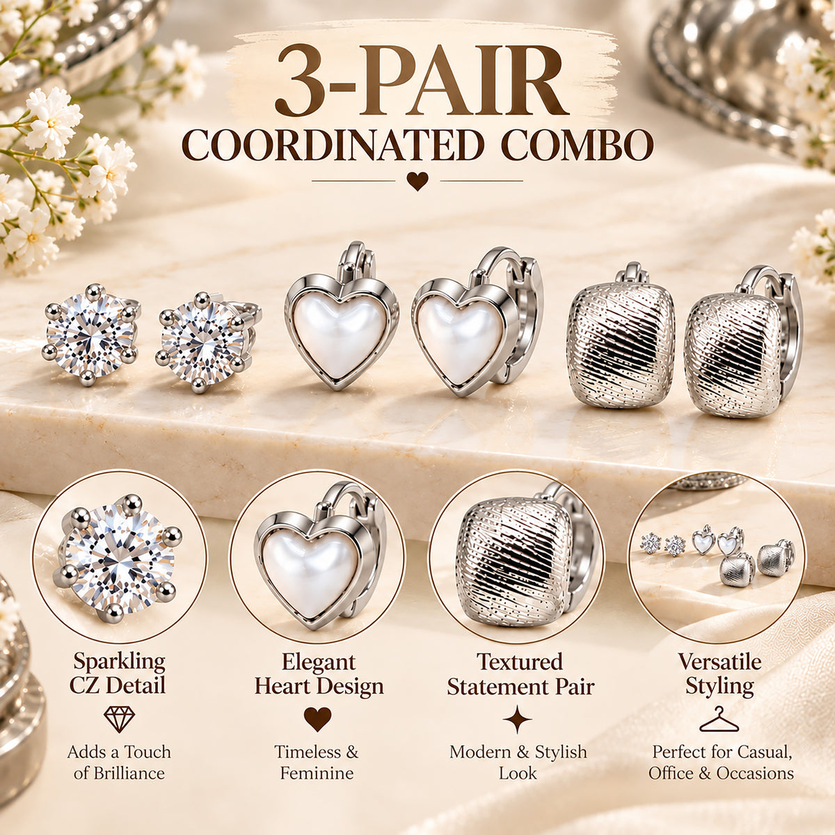Moon Dust Rhodium Silver Plated CZ Stud & Huggie Hoop Earring Stack Stud Combo of 3 for Women (MD_107_S)