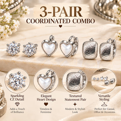 Moon Dust Rhodium Silver Plated CZ Stud & Huggie Hoop Earring Stack Stud Combo of 3 for Women (MD_107_S)