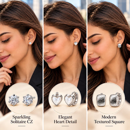 Moon Dust Rhodium Silver Plated CZ Stud & Huggie Hoop Earring Stack Stud Combo of 3 for Women (MD_107_S)