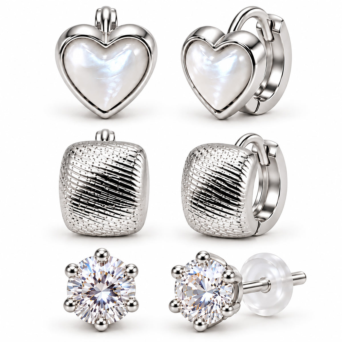 Moon Dust Rhodium Silver Plated CZ Stud & Huggie Hoop Earring Stack Stud Combo of 3 for Women (MD_107_S)