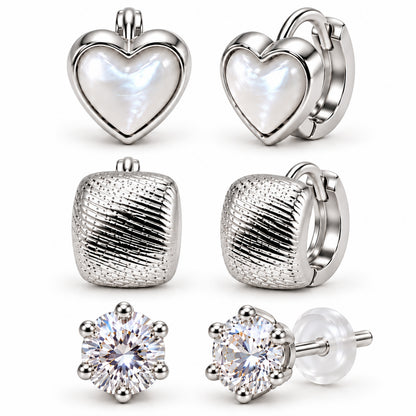 Moon Dust Rhodium Silver Plated CZ Stud & Huggie Hoop Earring Stack Stud Combo of 3 for Women (MD_107_S)