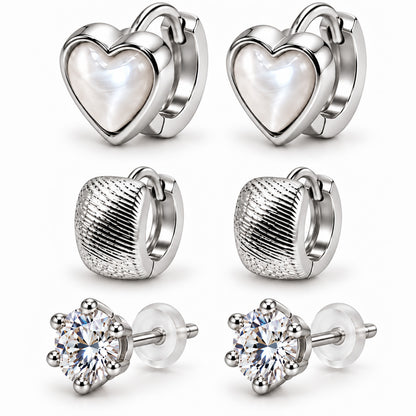 Moon Dust Rhodium Silver Plated CZ Stud & Huggie Hoop Earring Stack Stud Combo of 3 for Women (MD_107_S)
