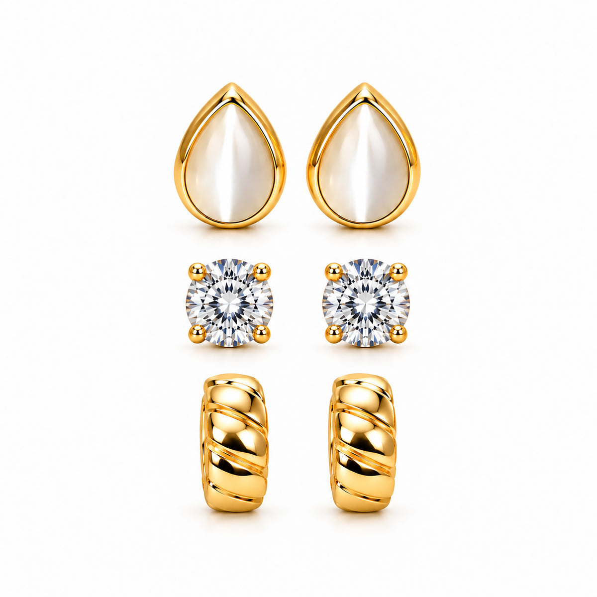 Moon Dust Gold Plated CZ Stud & Huggie Hoop Earring Stack Stud Combo of 3 for Women (MD_108_G)