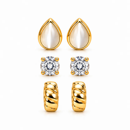 Moon Dust Gold Plated CZ Stud & Huggie Hoop Earring Stack Stud Combo of 3 for Women (MD_108_G)