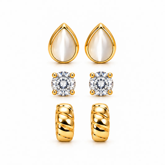 Moon Dust Gold Plated CZ Stud & Huggie Hoop Earring Stack Stud Combo of 3 for Women (MD_108_G)
