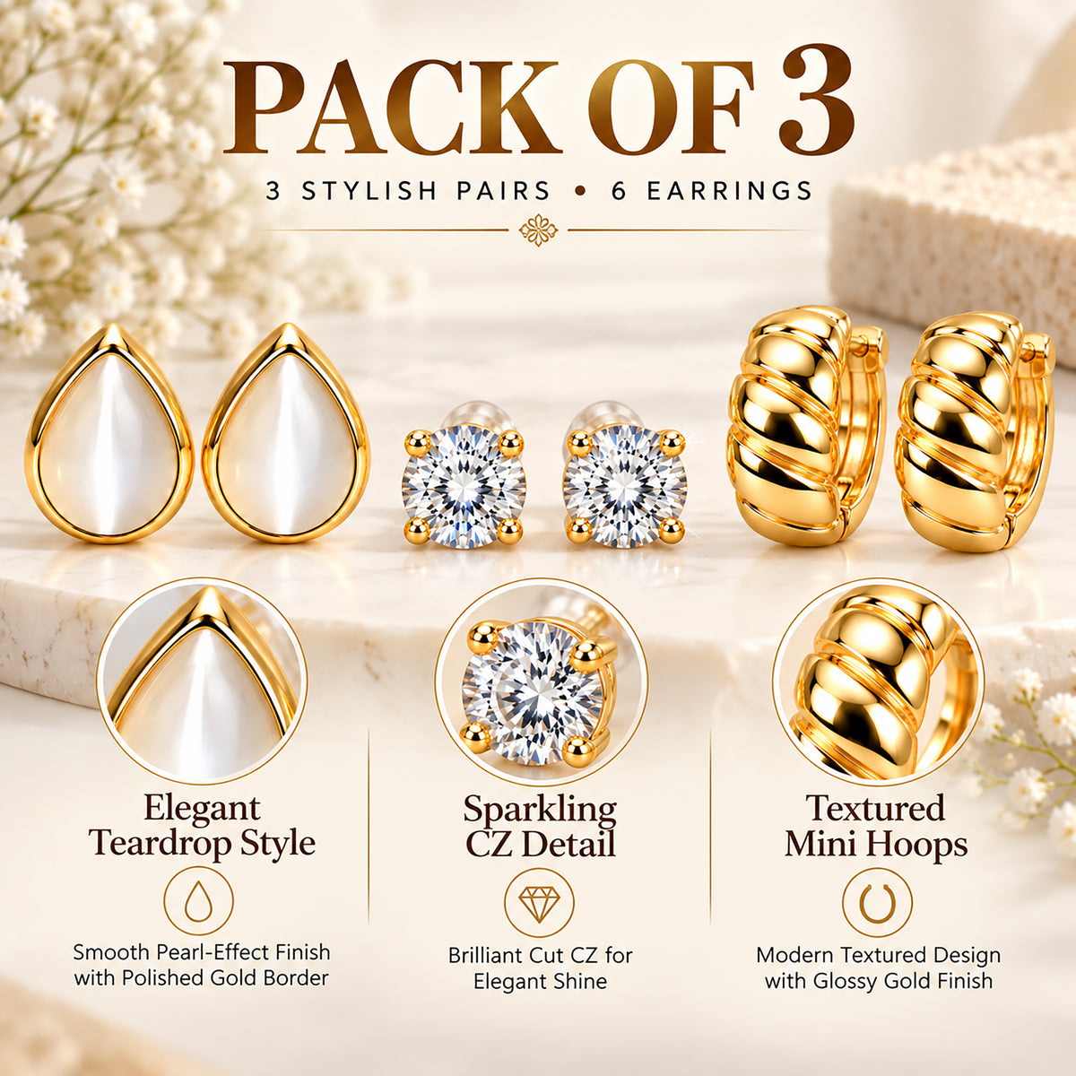 Moon Dust Gold Plated CZ Stud & Huggie Hoop Earring Stack Stud Combo of 3 for Women (MD_108_G)