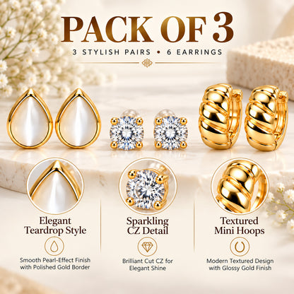 Moon Dust Gold Plated CZ Stud & Huggie Hoop Earring Stack Stud Combo of 3 for Women (MD_108_G)