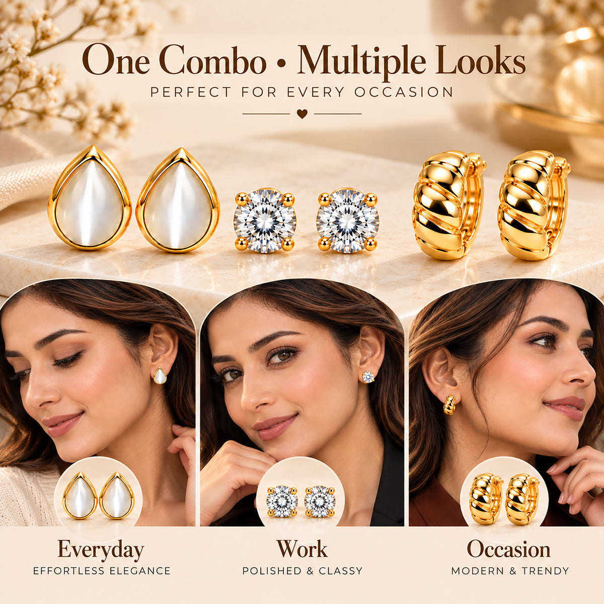 Moon Dust Gold Plated CZ Stud & Huggie Hoop Earring Stack Stud Combo of 3 for Women (MD_108_G)