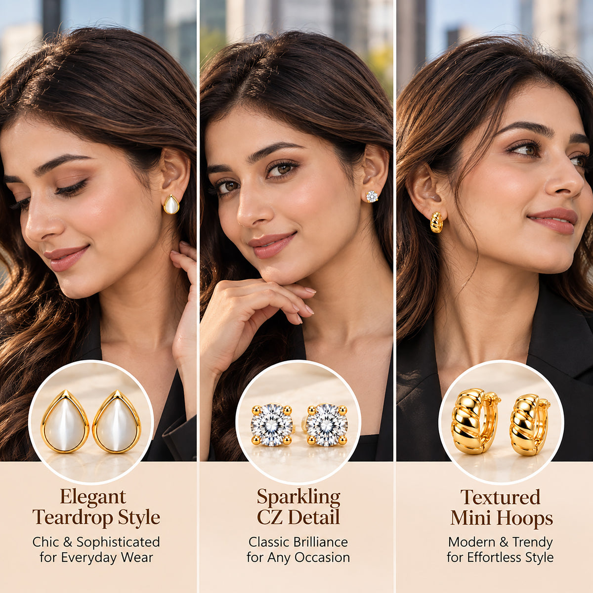 Moon Dust Gold Plated CZ Stud & Huggie Hoop Earring Stack Stud Combo of 3 for Women (MD_108_G)