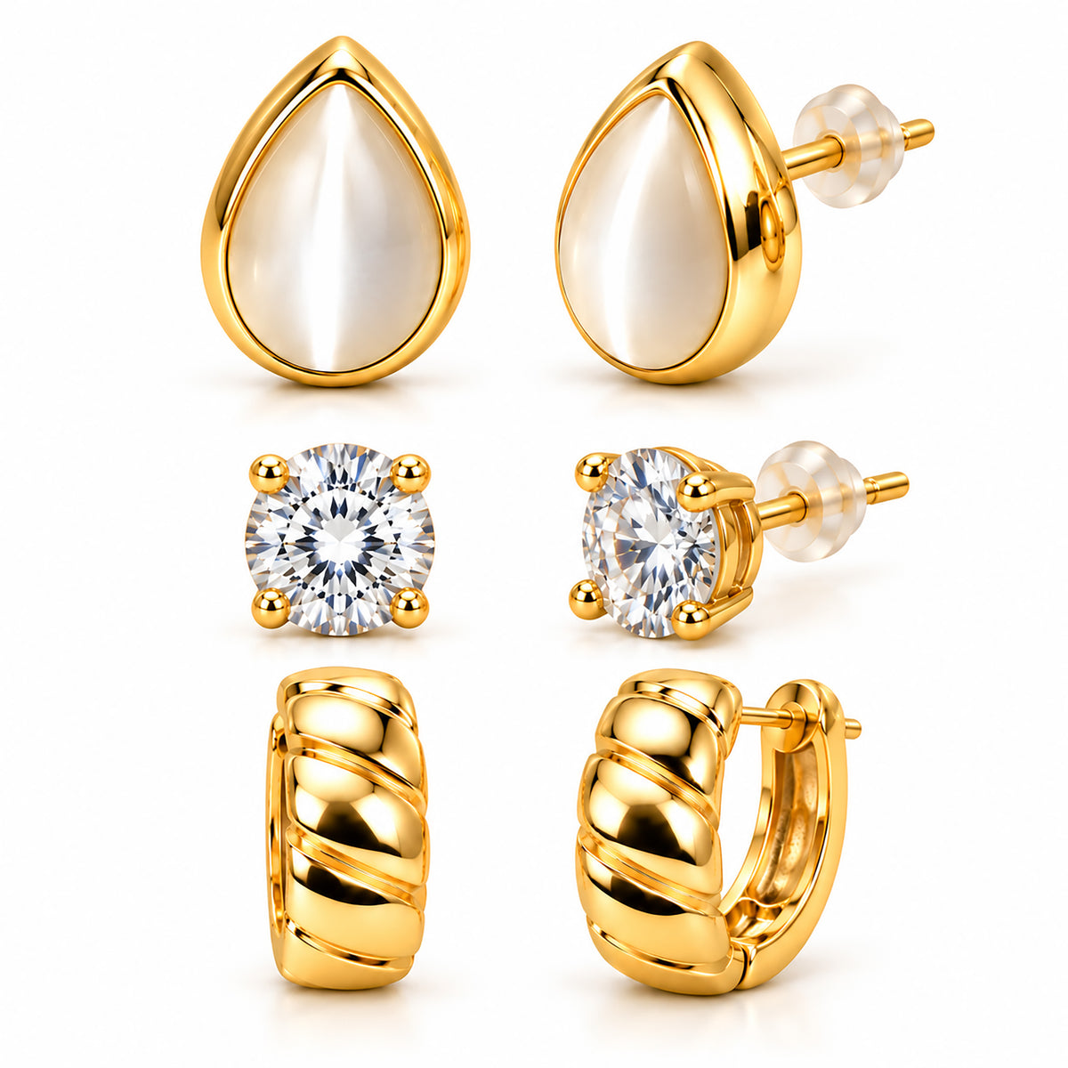 Moon Dust Gold Plated CZ Stud & Huggie Hoop Earring Stack Stud Combo of 3 for Women (MD_108_G)