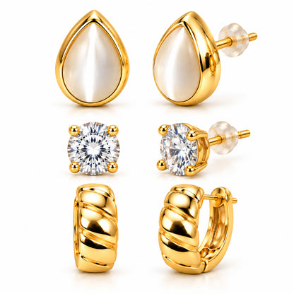 Moon Dust Gold Plated CZ Stud & Huggie Hoop Earring Stack Stud Combo of 3 for Women (MD_108_G)
