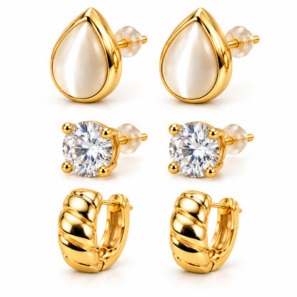 Moon Dust Gold Plated CZ Stud & Huggie Hoop Earring Stack Stud Combo of 3 for Women (MD_108_G)