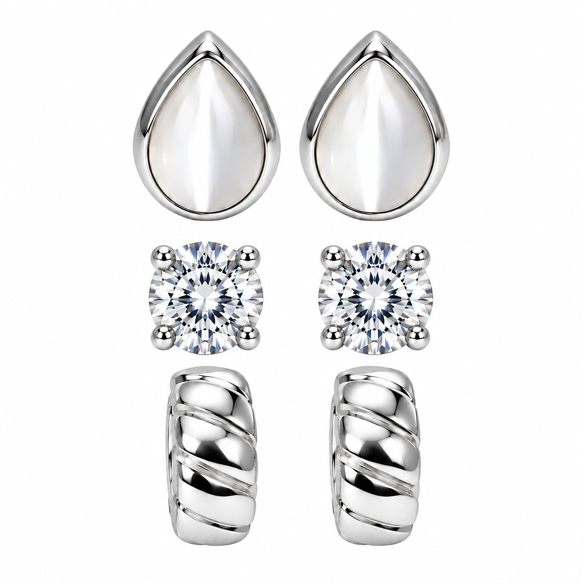 Moon Dust Rhodium Silver Plated CZ Stud & Huggie Hoop Earring Stack Stud Combo of 3 for Women (MD_108_S)