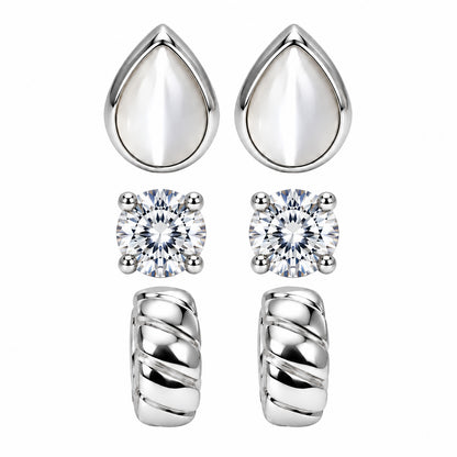 Moon Dust Rhodium Silver Plated CZ Stud & Huggie Hoop Earring Stack Stud Combo of 3 for Women (MD_108_S)