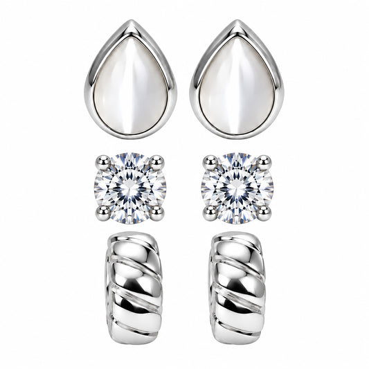 Moon Dust Rhodium Silver Plated CZ Stud & Huggie Hoop Earring Stack Stud Combo of 3 for Women (MD_108_S)