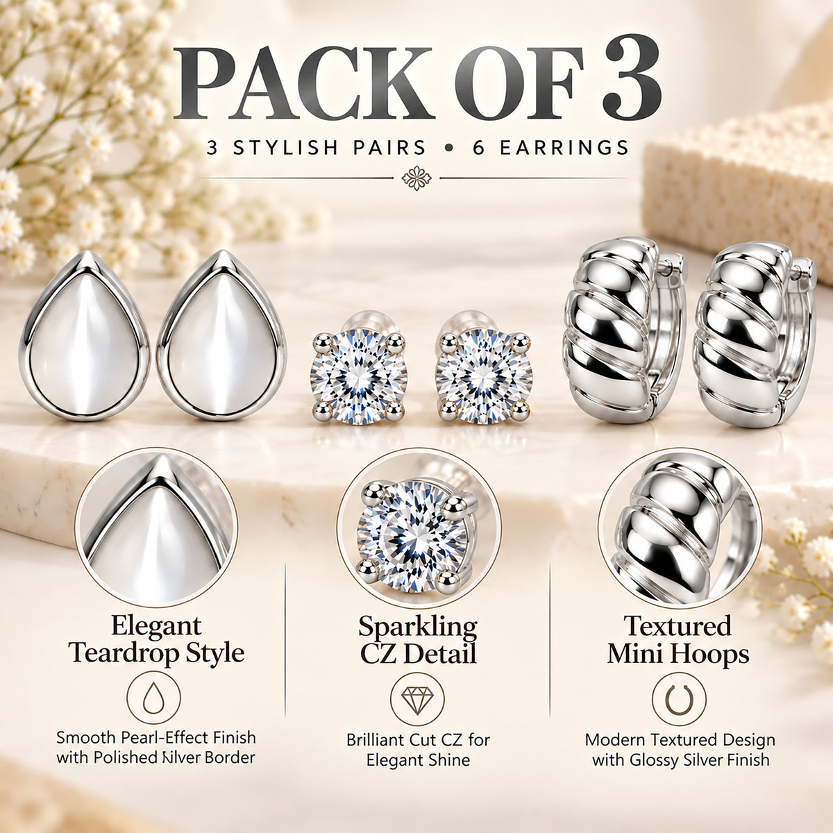 Moon Dust Rhodium Silver Plated CZ Stud & Huggie Hoop Earring Stack Stud Combo of 3 for Women (MD_108_S)