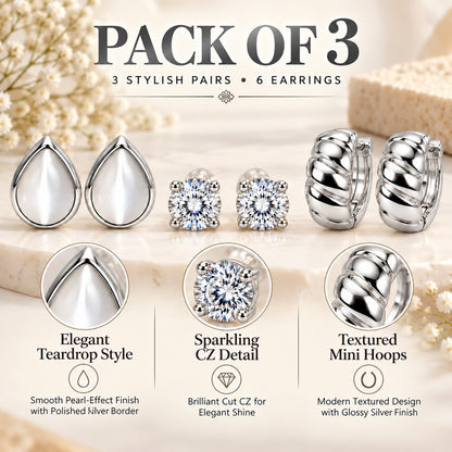 Moon Dust Rhodium Silver Plated CZ Stud & Huggie Hoop Earring Stack Stud Combo of 3 for Women (MD_108_S)