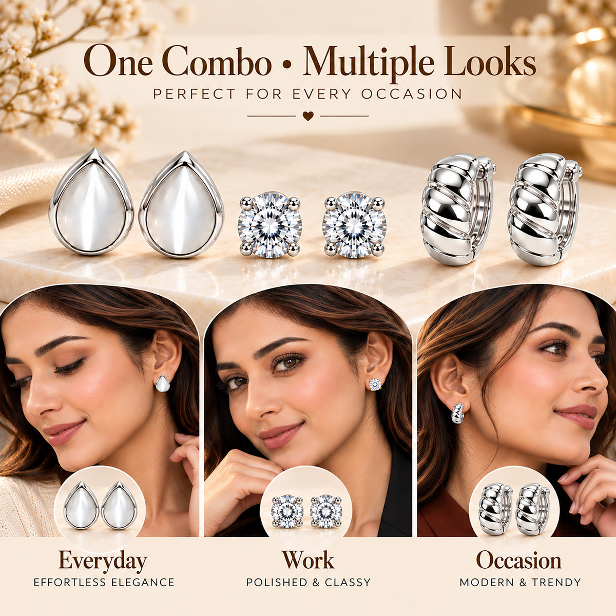 Moon Dust Rhodium Silver Plated CZ Stud & Huggie Hoop Earring Stack Stud Combo of 3 for Women (MD_108_S)