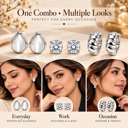 Moon Dust Rhodium Silver Plated CZ Stud & Huggie Hoop Earring Stack Stud Combo of 3 for Women (MD_108_S)