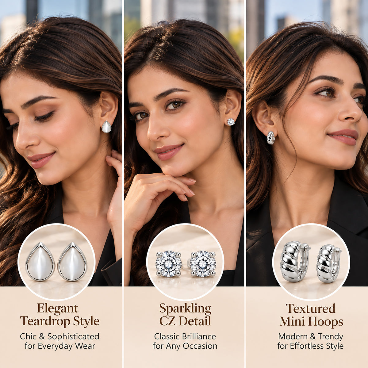 Moon Dust Rhodium Silver Plated CZ Stud & Huggie Hoop Earring Stack Stud Combo of 3 for Women (MD_108_S)