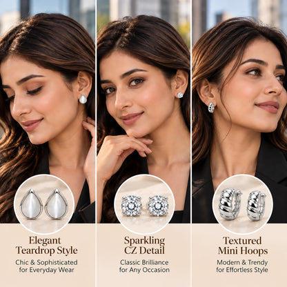 Moon Dust Rhodium Silver Plated CZ Stud & Huggie Hoop Earring Stack Stud Combo of 3 for Women (MD_108_S)