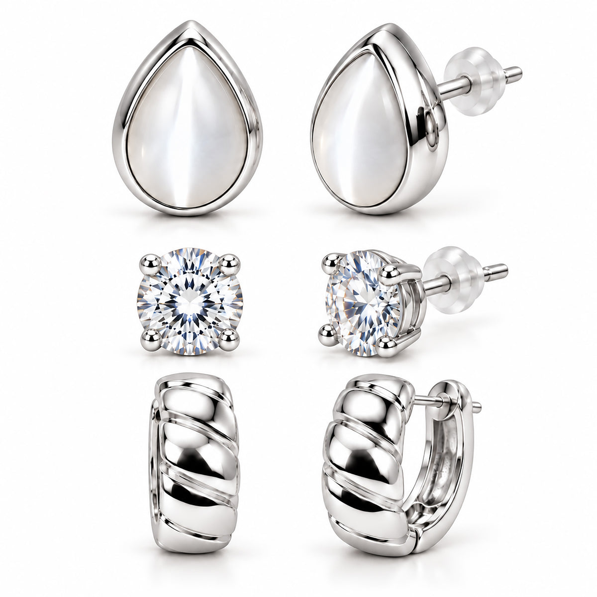 Moon Dust Rhodium Silver Plated CZ Stud & Huggie Hoop Earring Stack Stud Combo of 3 for Women (MD_108_S)