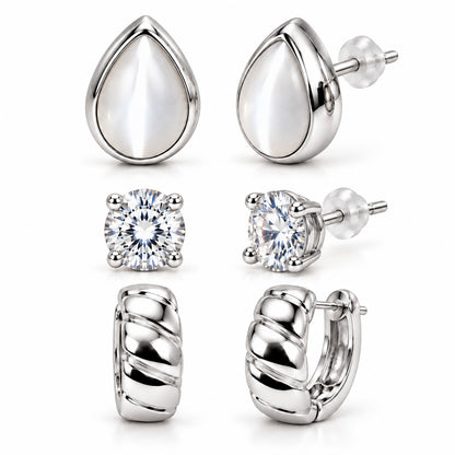 Moon Dust Rhodium Silver Plated CZ Stud & Huggie Hoop Earring Stack Stud Combo of 3 for Women (MD_108_S)