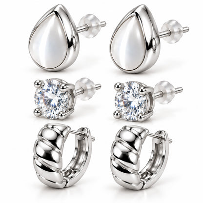 Moon Dust Rhodium Silver Plated CZ Stud & Huggie Hoop Earring Stack Stud Combo of 3 for Women (MD_108_S)