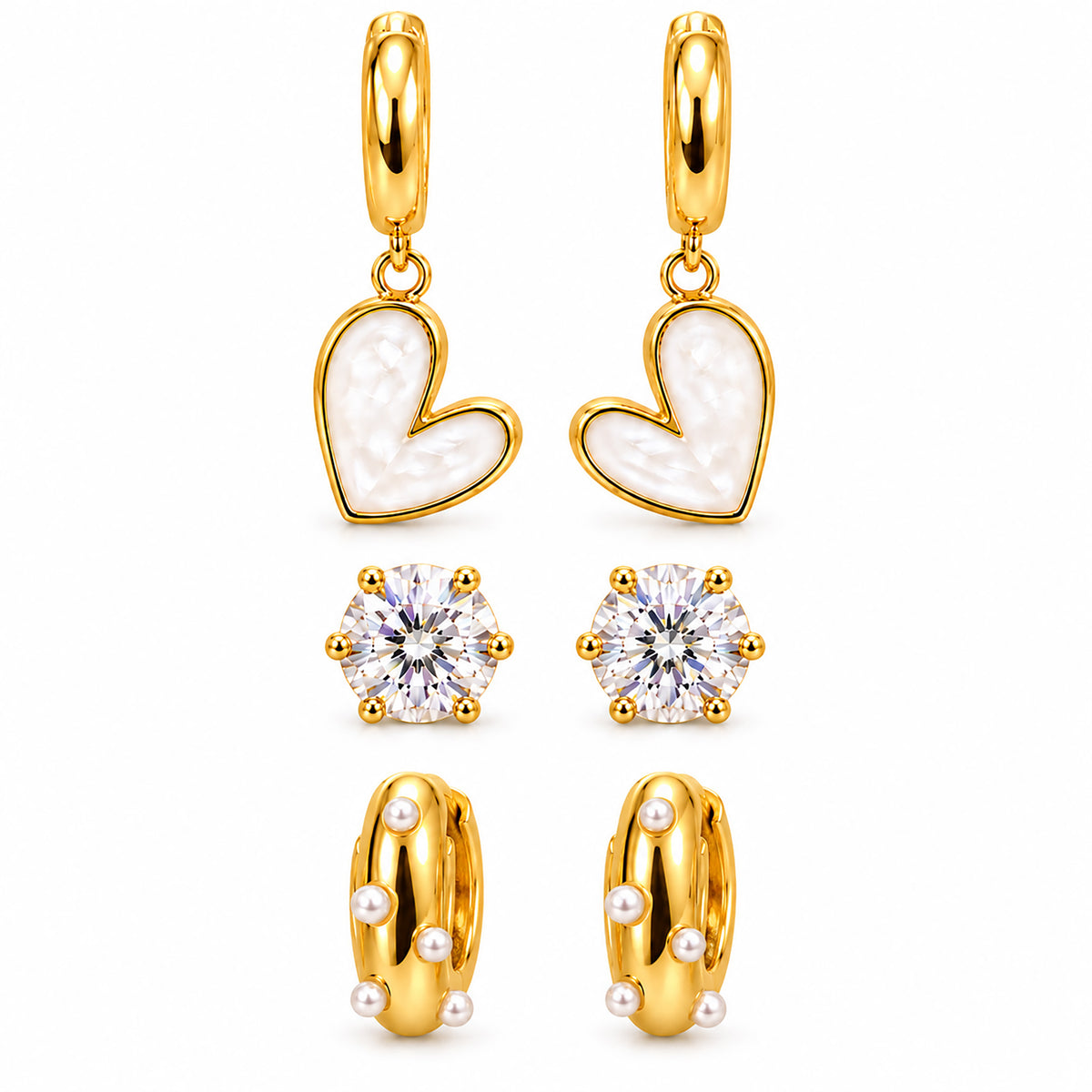Moon Dust Gold Plated Pearl & CZ Huggie Earring Stack Stud Combo of 3 for Women (MD_109_G)