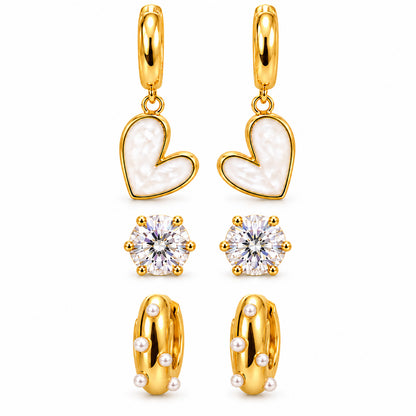 Moon Dust Gold Plated Pearl & CZ Huggie Earring Stack Stud Combo of 3 for Women (MD_109_G)