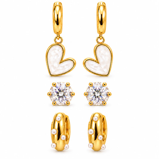 Moon Dust Gold Plated Pearl & CZ Huggie Earring Stack Stud Combo of 3 for Women (MD_109_G)