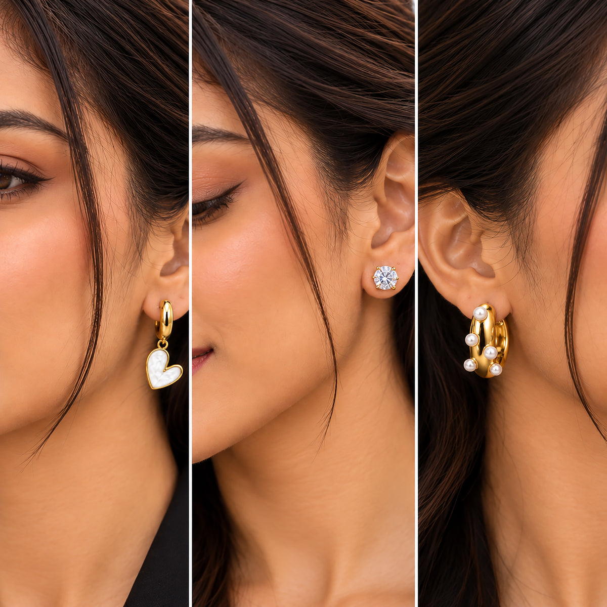 Moon Dust Gold Plated Pearl & CZ Huggie Earring Stack Stud Combo of 3 for Women (MD_109_G)