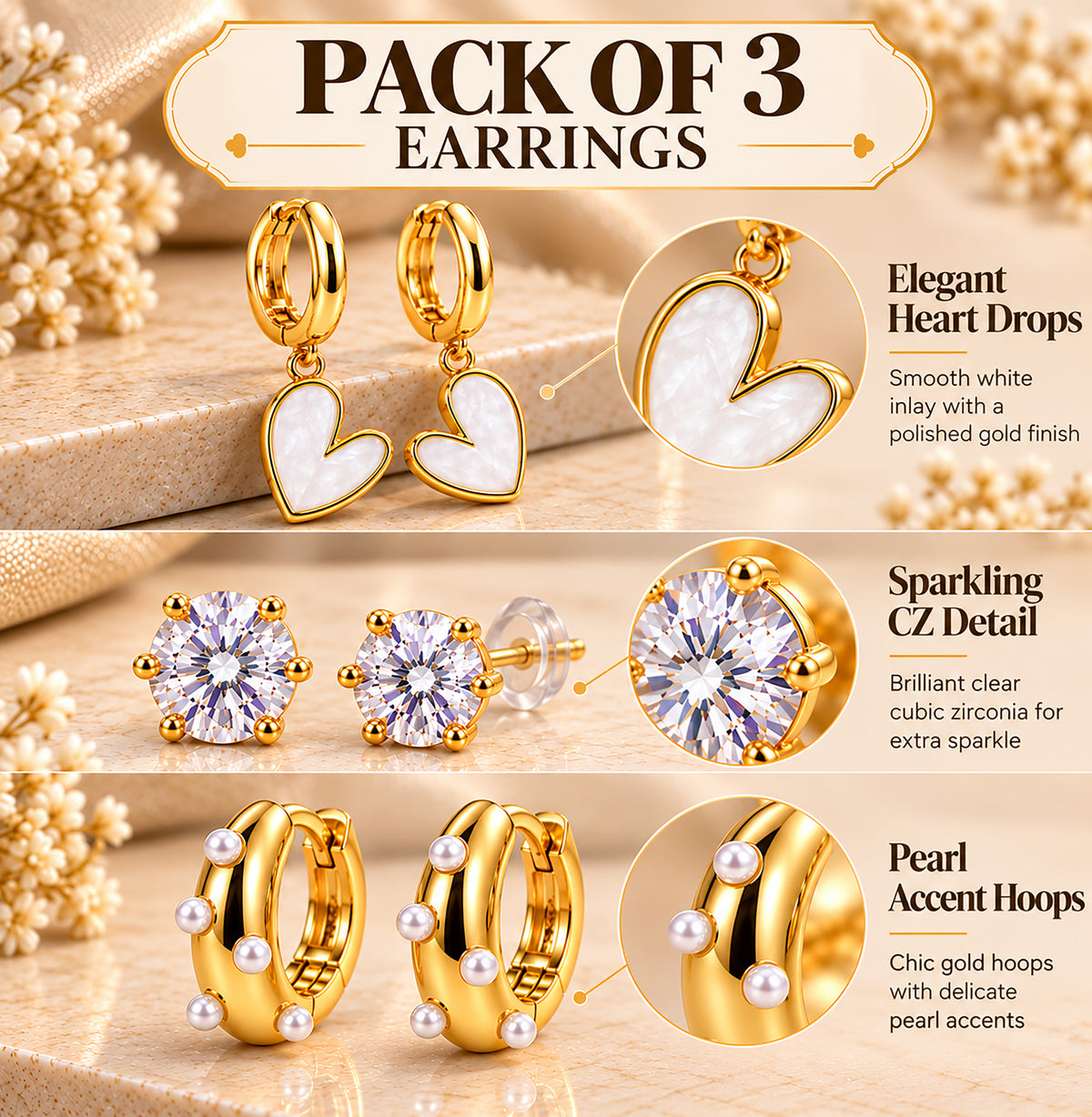Moon Dust Gold Plated Pearl & CZ Huggie Earring Stack Stud Combo of 3 for Women (MD_109_G)