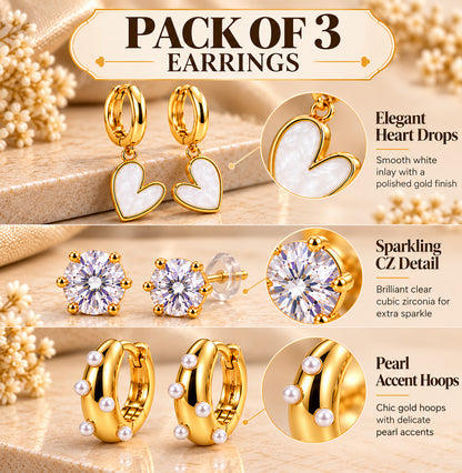 Moon Dust Gold Plated Pearl & CZ Huggie Earring Stack Stud Combo of 3 for Women (MD_109_G)