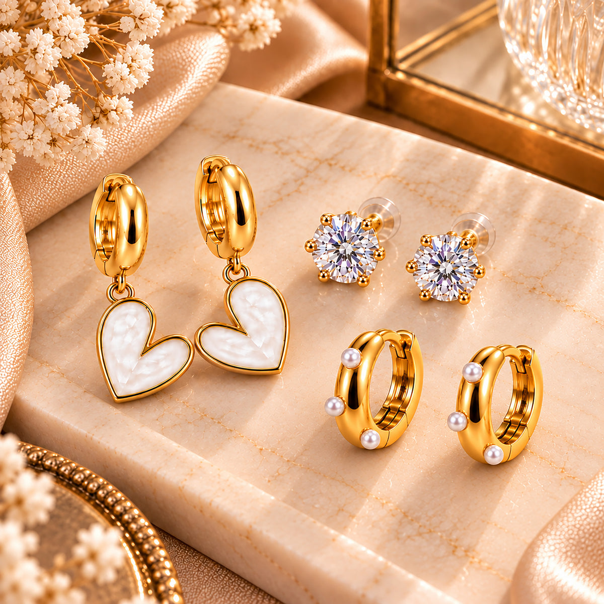 Moon Dust Gold Plated Pearl & CZ Huggie Earring Stack Stud Combo of 3 for Women (MD_109_G)