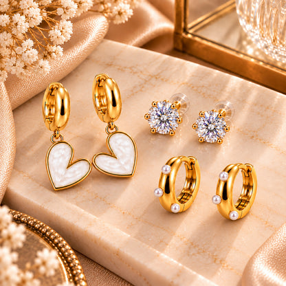 Moon Dust Gold Plated Pearl & CZ Huggie Earring Stack Stud Combo of 3 for Women (MD_109_G)