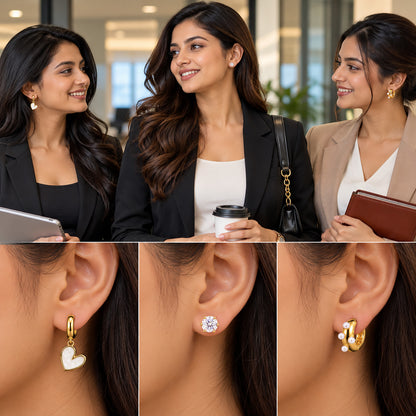 Moon Dust Gold Plated Pearl & CZ Huggie Earring Stack Stud Combo of 3 for Women (MD_109_G)