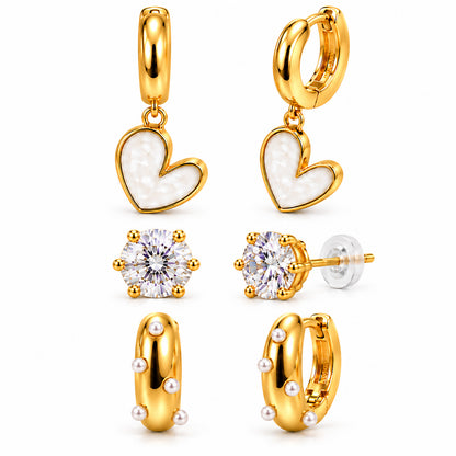 Moon Dust Gold Plated Pearl & CZ Huggie Earring Stack Stud Combo of 3 for Women (MD_109_G)