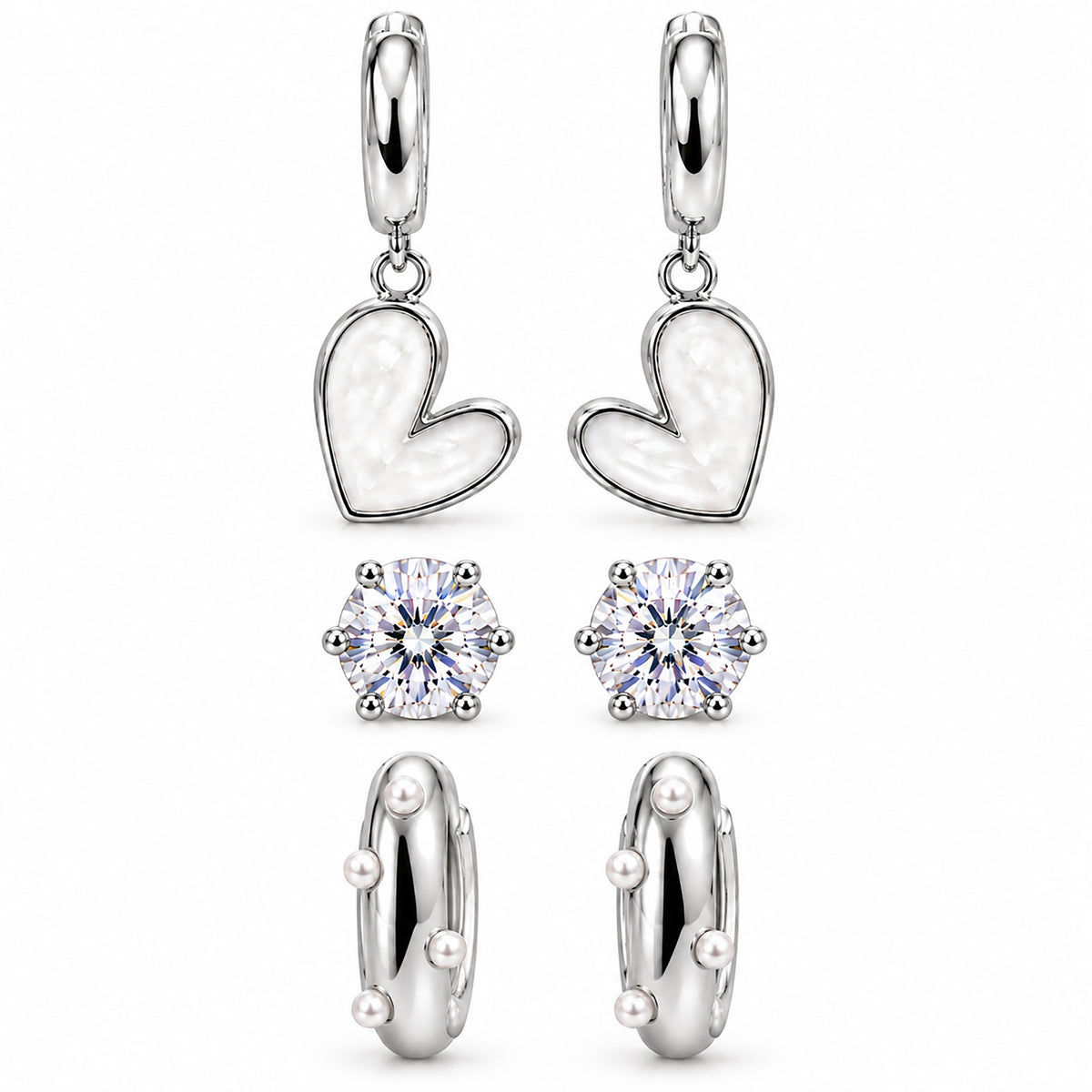 Moon Dust Rhodium Silver Plated Pearl & CZ Huggie Earring Stack Stud Combo of 3 for Women (MD_109_S)