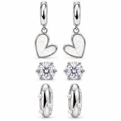 Moon Dust Rhodium Silver Plated Pearl & CZ Huggie Earring Stack Stud Combo of 3 for Women (MD_109_S)