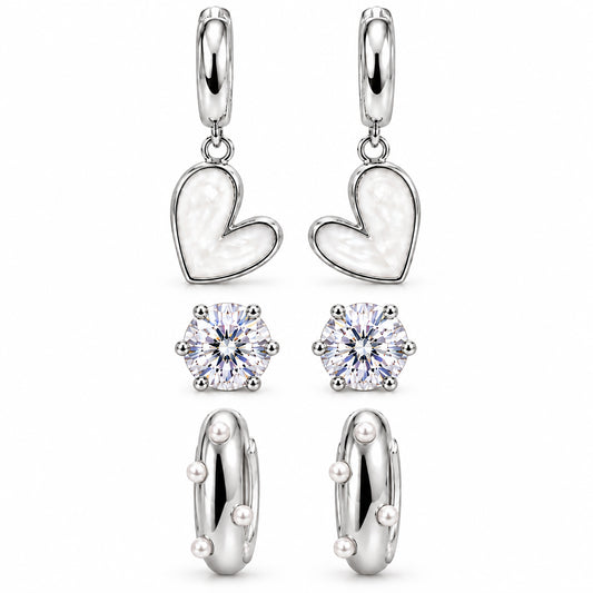 Moon Dust Rhodium Silver Plated Pearl & CZ Huggie Earring Stack Stud Combo of 3 for Women (MD_109_S)