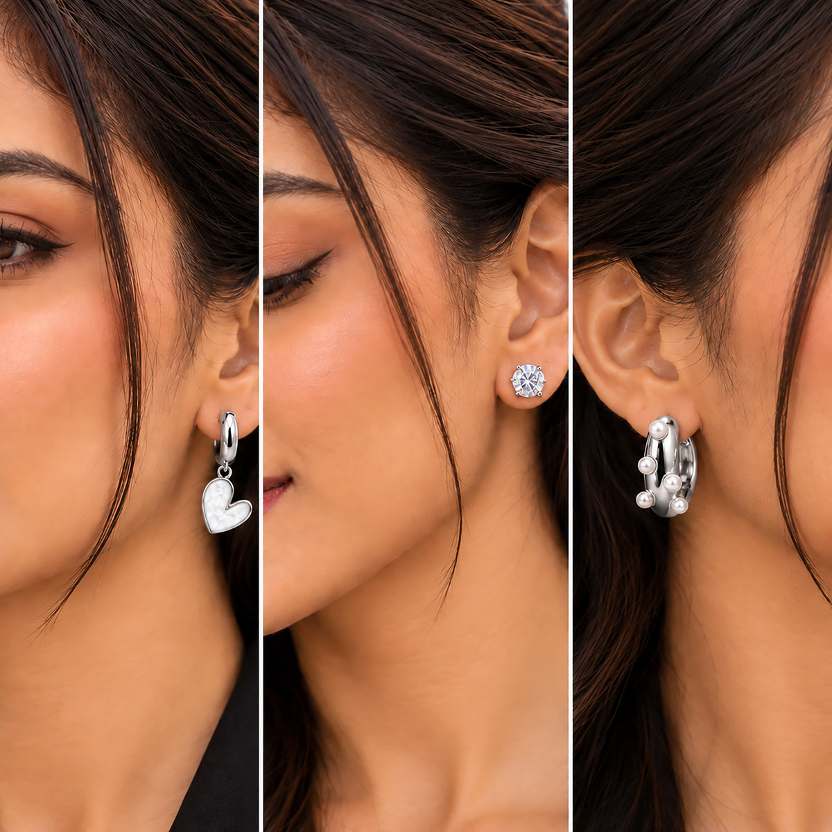 Moon Dust Rhodium Silver Plated Pearl & CZ Huggie Earring Stack Stud Combo of 3 for Women (MD_109_S)