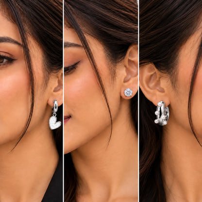 Moon Dust Rhodium Silver Plated Pearl & CZ Huggie Earring Stack Stud Combo of 3 for Women (MD_109_S)