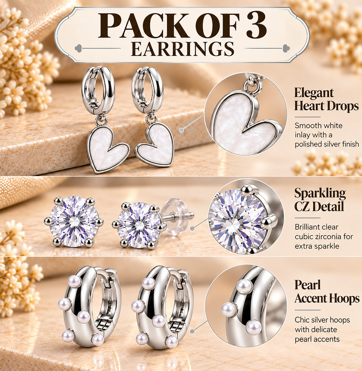 Moon Dust Rhodium Silver Plated Pearl & CZ Huggie Earring Stack Stud Combo of 3 for Women (MD_109_S)