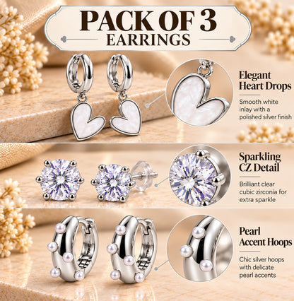 Moon Dust Rhodium Silver Plated Pearl & CZ Huggie Earring Stack Stud Combo of 3 for Women (MD_109_S)