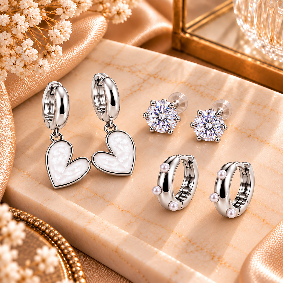 Moon Dust Rhodium Silver Plated Pearl & CZ Huggie Earring Stack Stud Combo of 3 for Women (MD_109_S)